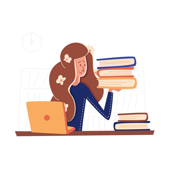 Flat banner girl with book internship in new job. Stock Vector