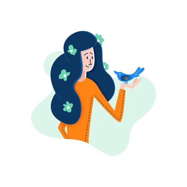 Vector Flat Cartoon girl in hands holding bird. — Stock Vector