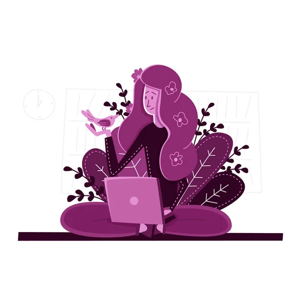 Vector flat young girl rejoices good work laptop. — Stock Vector