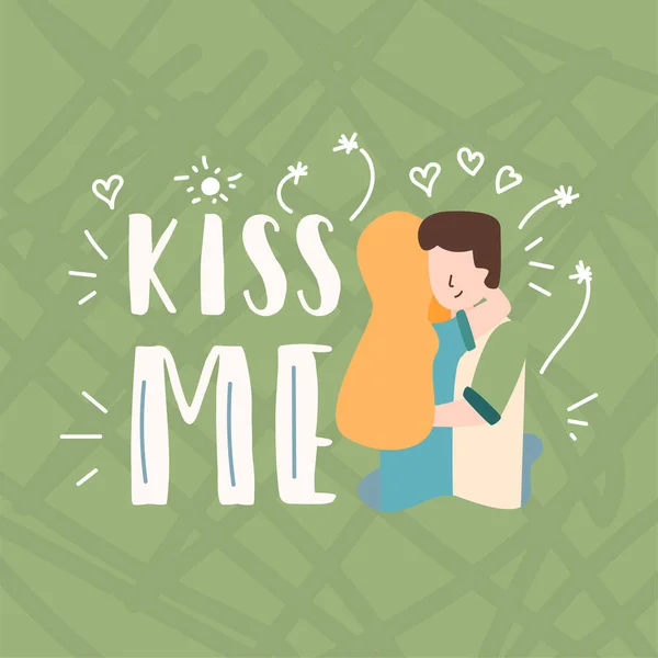 Vector Flat Banner Kiss Me guy hugs his girlfriend — Free Stock Photo