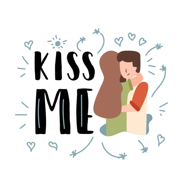 Vector Flat Banner Kiss Me chico abraza novia — Archivo Imágenes Vectoriales