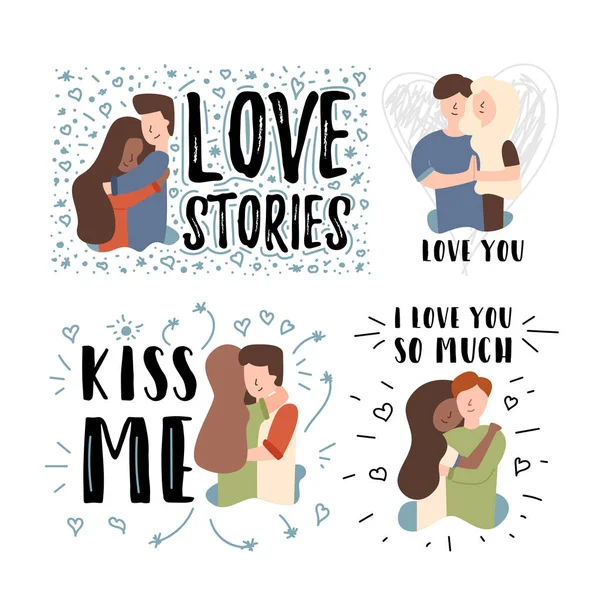 Ensemble de bannière plat vectoriel Embrasse-moi histoire d'amour — Image vectorielle