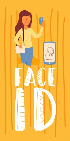 Дівчина тримає смартфон за допомогою Face ID — стоковий вектор
