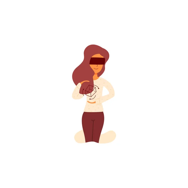 Векторная плоская девушка держит в руках 3D куб . — стоковый вектор