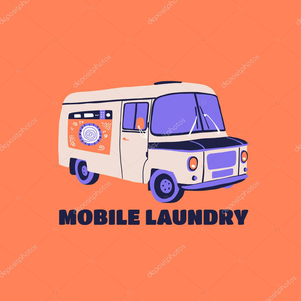 Advertising poster inscription  mobile laundry. Informative banner. Bright colorful car. washing machine logo. Transport customer service, Bus equipment washing cleaning products different fabrics