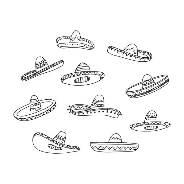 Cartel informativo, conjunto de sombrero mexicano dibujado a mano . — Archivo Imágenes Vectoriales