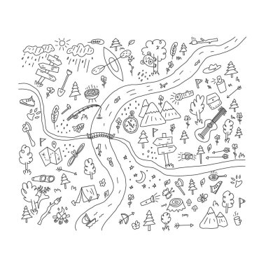 Reklam el ilanı el çizilmiş kamp karikatür düz.