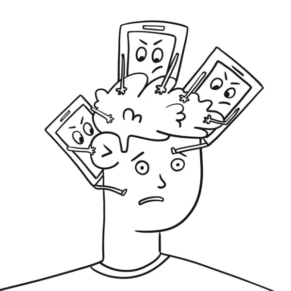 Caras cabeça está ocupada com telefones, banner plana —  Vetores de Stock