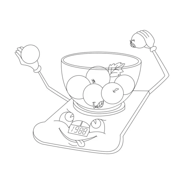 Dibujos animados esbozo cocina balanza pesaje manzanas — Vector de stock