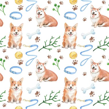 Corgi köpek ve yabani bitkiler. Dikişsiz desen.