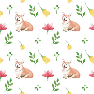 Corgi köpek ve yabani bitkiler. Dikişsiz desen.