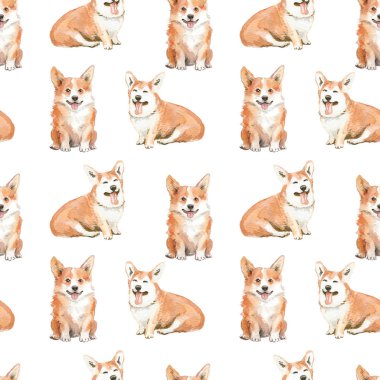Corgi dog seamless background, watercolor style elements.