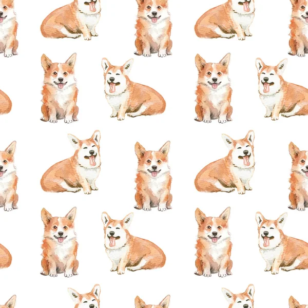 Corgi dog seamless background, watercolor style elements.