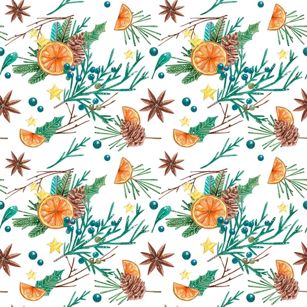 Seamless pattern with pine cones and branches. Hand painted illustration — ストック写真