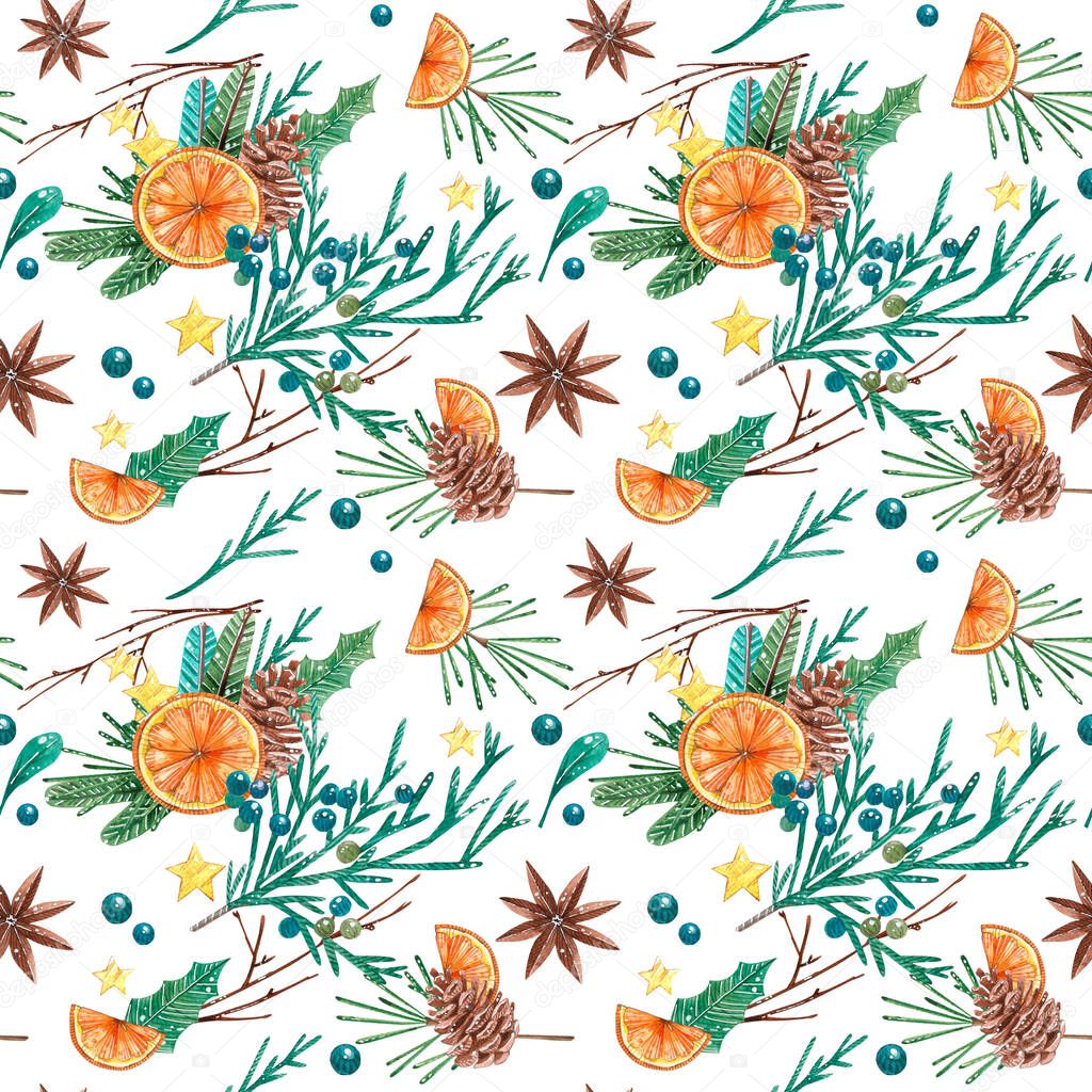 Seamless pattern with pine cones and branches. Hand painted illustration