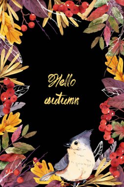 Yaprak ve dallardan oluşan suluboya bir pankart. Sonbahar çizimi