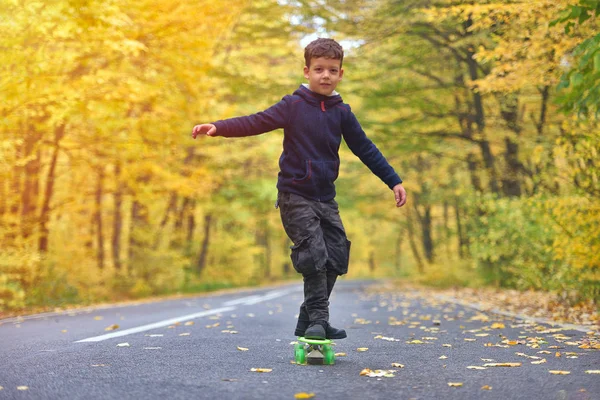 Дитячий Скейтбордист Робить Скейтборд Трюки Осінньому Середовищі — стокове фото