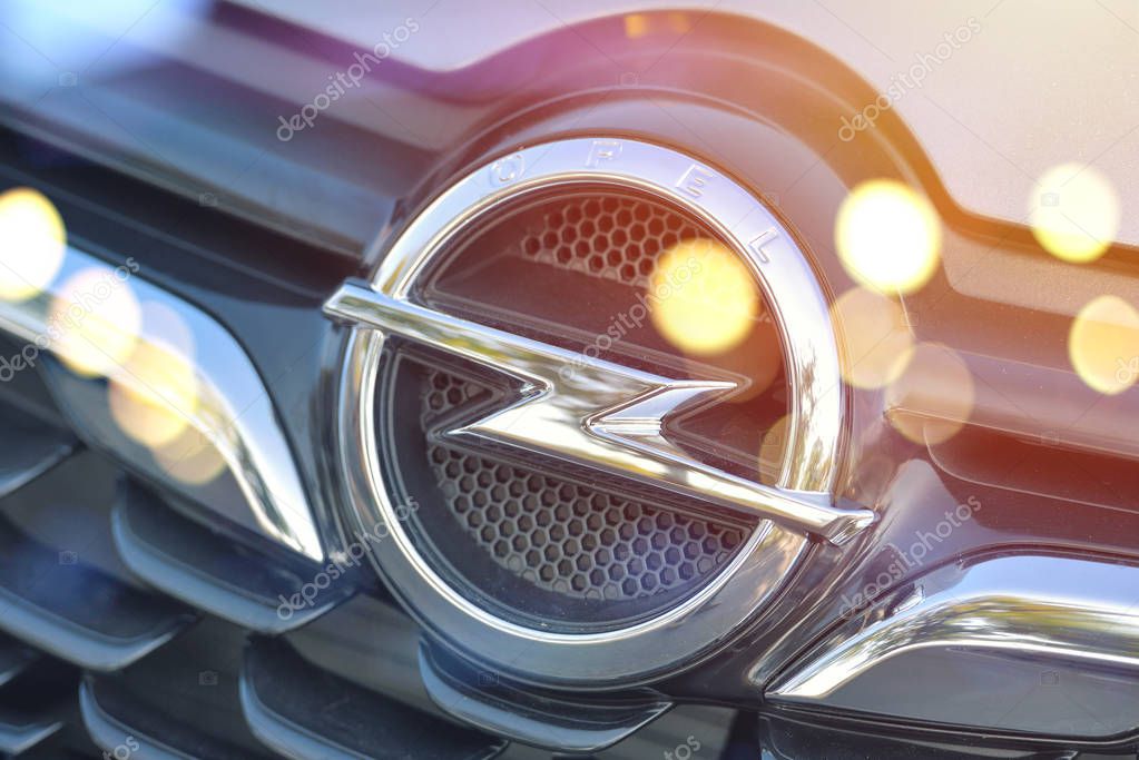 Galati, Romania - September 2, 2017: Opel car front logo displayed in an automobile show. Opel is an automobiles manufacturer