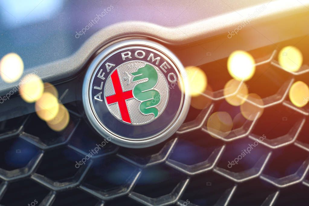 Galati, Romania - September 2, 2017: Alfa Romeo car front logo displayed in an automobile show. Alfa Romeo is an automobiles manufacturer
