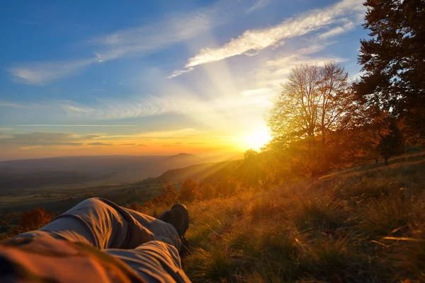 Resting Top Mountain Warm Sunset Light Autumn Landscape Golden Colors — Stock Photo, Image