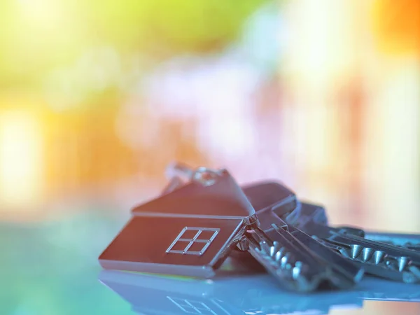 House keys with house figure on desk, out of focus background