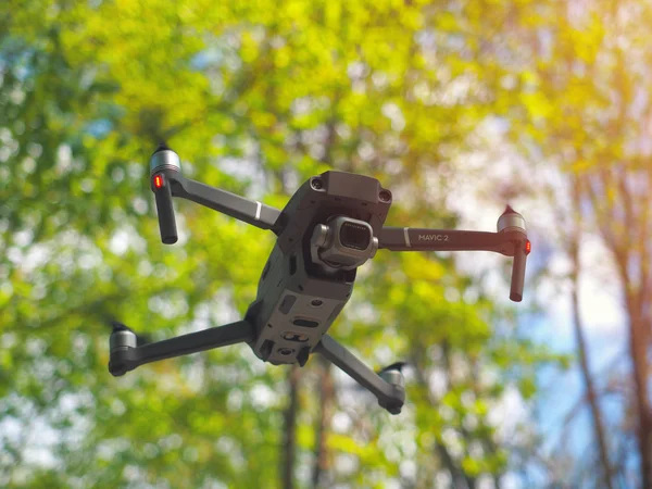 Galati, Romania - April 20, 2019: Dji Mavic 2 Pro with Hasselblad camera hovering inside a forrest in bright daylight — Stock Photo, Image