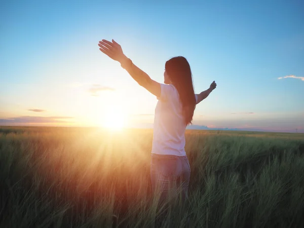 Mulher sentindo-se livre em um belo cenário natural, em que campo ao pôr do sol — Fotografia de Stock