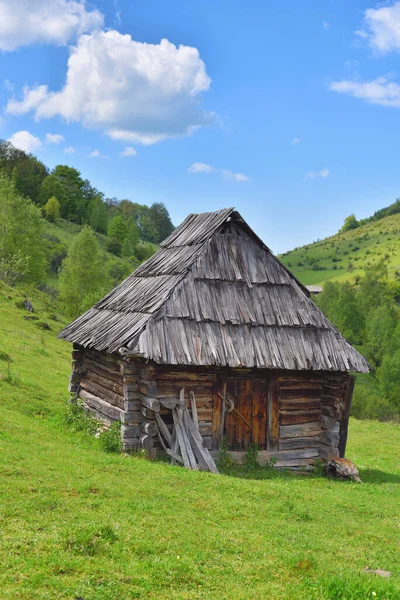 Lonely old wood house on a mountain hill with green grass against blue sky