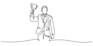 Çalışanların tanınması ve iş başarısı kavramı. Bir çizgi çizen kişi kupa kazanıyor. Liderliğin vektör illüstrasyon sembolü ve bir yarışmada en iyi olmak.