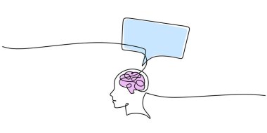 Beyin ve diyalog baloncuğu ikonu olan sürekli zihinsel sağlık terapisi çizimi. Stres tartışmasının basit bir özeti. Vektör illüstrasyon minimalisti.