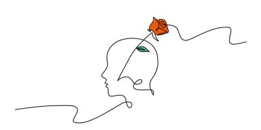 Sürekli bir çizgi çizerek, gül çiçekli bir kafa. Güzel aklın ve kadınsı düşüncenin minimalist soyutlanması. Düzenlenebilir felçli vektör illüstrasyonu.