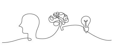 Beyin ve ampullü bir kafa çizimi hayal gücünü, zekayı ve eğitimi simgeliyor. Modern sürekli çizgi sanat tarzı, vektör illüstrasyon minimalist.