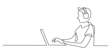 Çevrimiçi iletişim ve uzaktan çalışma kavramı. Basit bir taslak bir bilgisayar kullanarak bir video aramasında veya web konferansında bir çalışanı veya yöneticiyi gösterir.