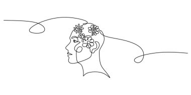 Sürekli çizilen tek çizgi çiçek açan bir insan kafasını, pozitif psikoloji ve akıl sağlığı kavramını gösteriyor. Minimalist vektör illüstrasyonu.