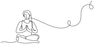 Yoga pozu veren bir kadının sürekli bir çizimi. Sağlıklı bir yoga yaşam tarzı için bir logo, rahatlamayı, dengeyi ve zihinsel sağlığı sembolize ediyor. Vektör illüstrasyon eli çizildi.