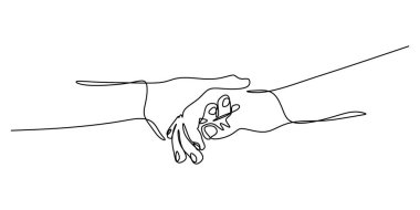 Birbirine kenetlenmiş iki elin aralıksız çizimi. Aşkı, birliği ve psikolojik bakımı sembolize eden basit bir çizim. El çizimi minimalist vektör çizimi.