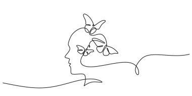 Kelebeklerle dolu bir kafa sürekli çizgiden kaçıyor. Hayal gücü, insan barışı ve özgürlük için bir metafor. Vektör illüstrasyonu minimalist tasarım el çizimi.