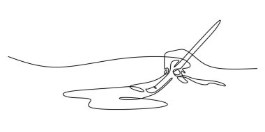 Boya fırçasını tutan, yaratıcılığı, sanatı ve kişisel ifadeyi gösteren kesintisiz çizgi sanatı. Tasarım ve zanaat temaları için mükemmel. Bir satır çizim süreci.