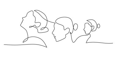 Aralıksız bir çizgi üç farklı kadının yüzünü bir arada gösteriyor. Doğrusal çizim bir feminizm posteri için kadın dayanışmasını ve güçlendirmeyi sembolize eder. Vektör illüstrasyonu basit grafik.