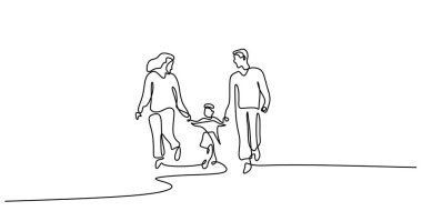 Minimalizm mutlu bir ailenin sürekli çizimi. Çocuğunun elini tutan anne ve babanın basit bir tasviri. Bir bağ kurma ve aile bakımı kavramı..