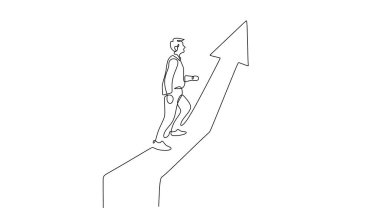 Başarıya giden bir yolculuktaki tek bir kişinin sürekli çizimi. El çizimi bir kariyer geliştirme, büyüme ve başarı konseptini temsil ediyor. Düzenlenebilir felçli minimalist simge.