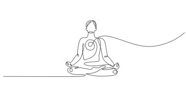 Bir kişinin sürekli olarak zen meditasyon pozu çizimi. İç huzur ve sağlıklı bir yaşam tarzı uyum, denge ve ruhsal refahın sembolü. Vektör illüstrasyon düzenlenebilir vuruş.