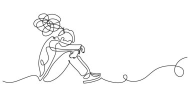 Zihinsel sağlık sürekli çizgi sanatı. Tek bir çizim kafasında kaotik bir karalama olan üzgün ve mutsuz bir adamı anksiyete, stres ve depresyonun sembolü olarak gösteriyor. Anksiyete duygu çizimi.