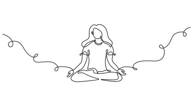 Yoga pozu vermiş bir kadın çizimi. Sağlıklı bir yaşam tarzının, dengenin, sağlığın ve sakin meditasyonun el çizimi sembolü. Düzenlenebilir felçli vektör illüstrasyonu.