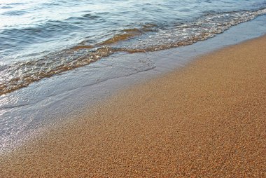 Kumsalda ıslak kum ve deniz sörfü