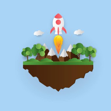 Kağıt sanat tarzı. Bulutlar ve mavi gökyüzü roket denize indirmek.