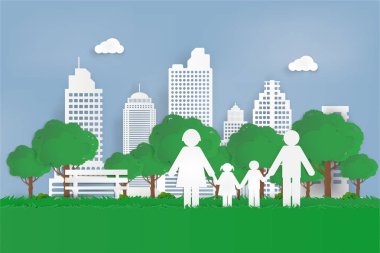 Mutlu aşk aile. Baba, mather ve kentsel şehir parkı, çocuk ile mutlu ebeveynin gün. Kağıt sanat tarzı.