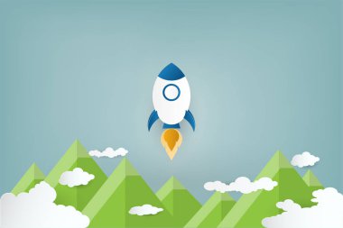 Kağıt sanat tarzı. Bulutlar ve mavi gökyüzü roket denize indirmek. 