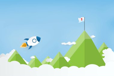 Kağıt sanat tarzı. Bulutlar ve dağ roket denize indirmek. İş büyüyen hedef veya başarı kavramı.