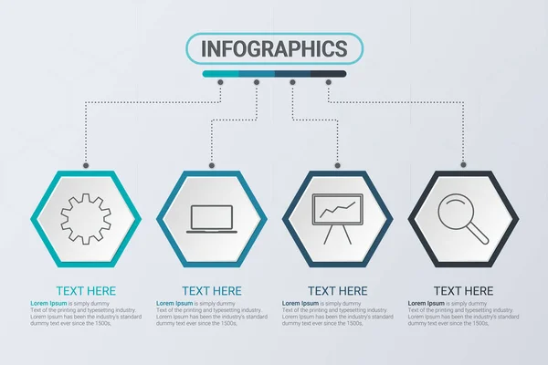 Infographie Quatre Étapes Stratégie Flux Travail Travail Équipe Modèle Hexagonal — Image vectorielle